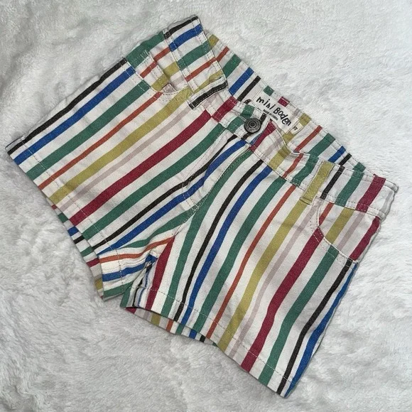 Mini Boden Rainbow Striped Denim Shorts Girls 8 Heart Pockets Colorful Preppy - Picture 2 of 7